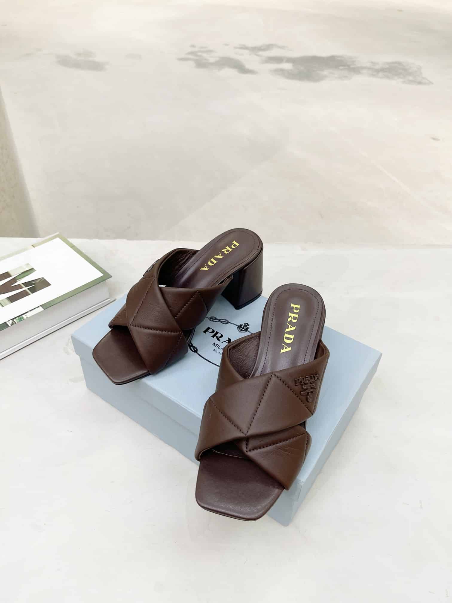 Prada Crossover Nappa Leather Sandals In Dark Brown