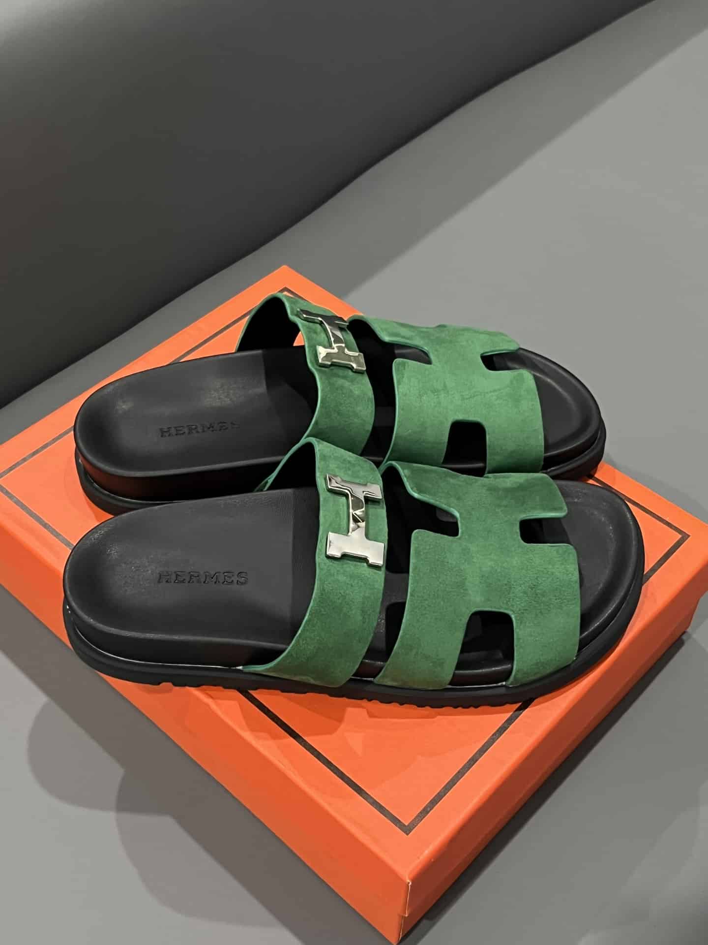 Hermes Chypre Sandal Suede H Logo Silver Hardware Green