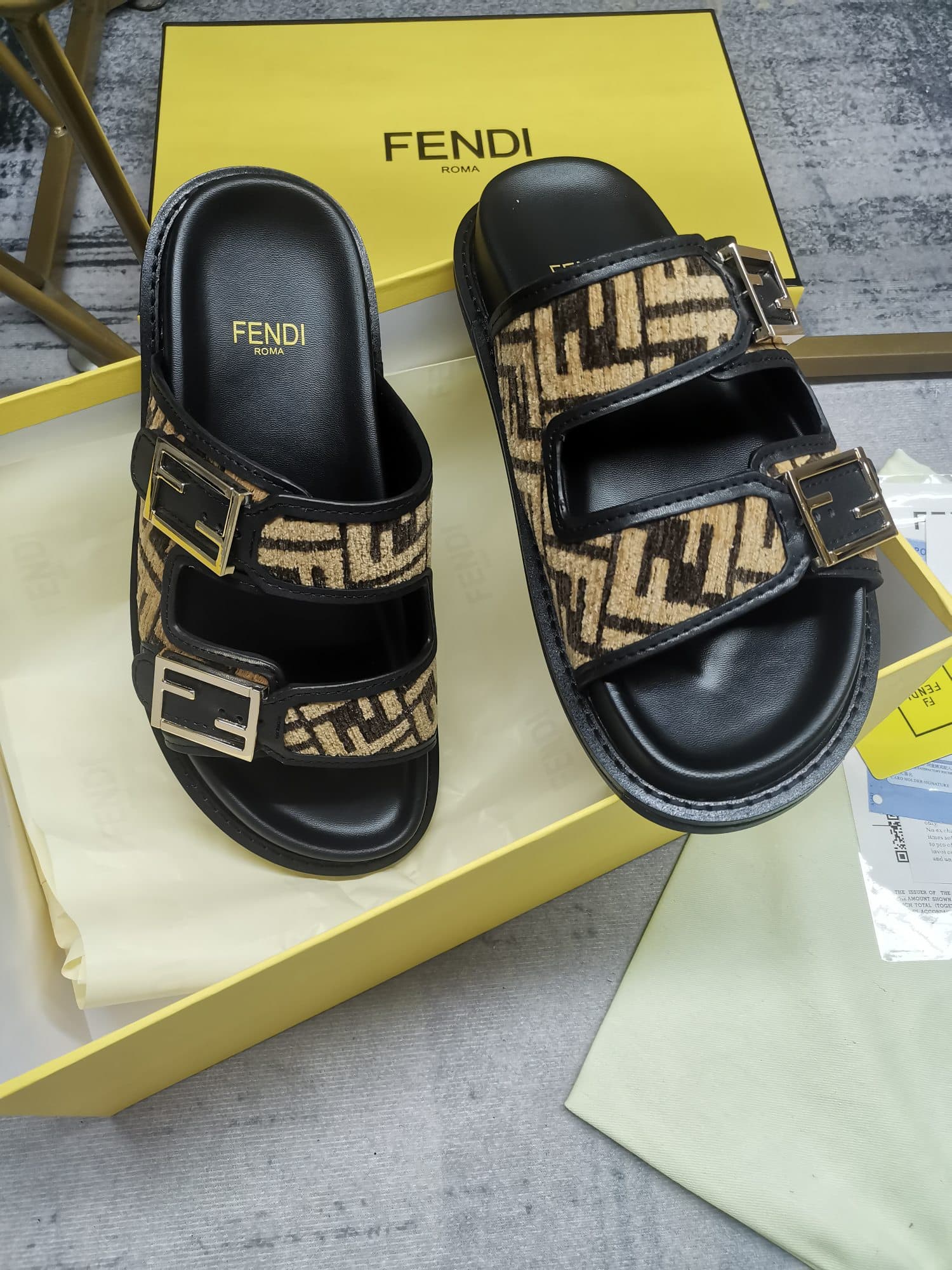 Fendi Feel Ff Fabric Slides Black