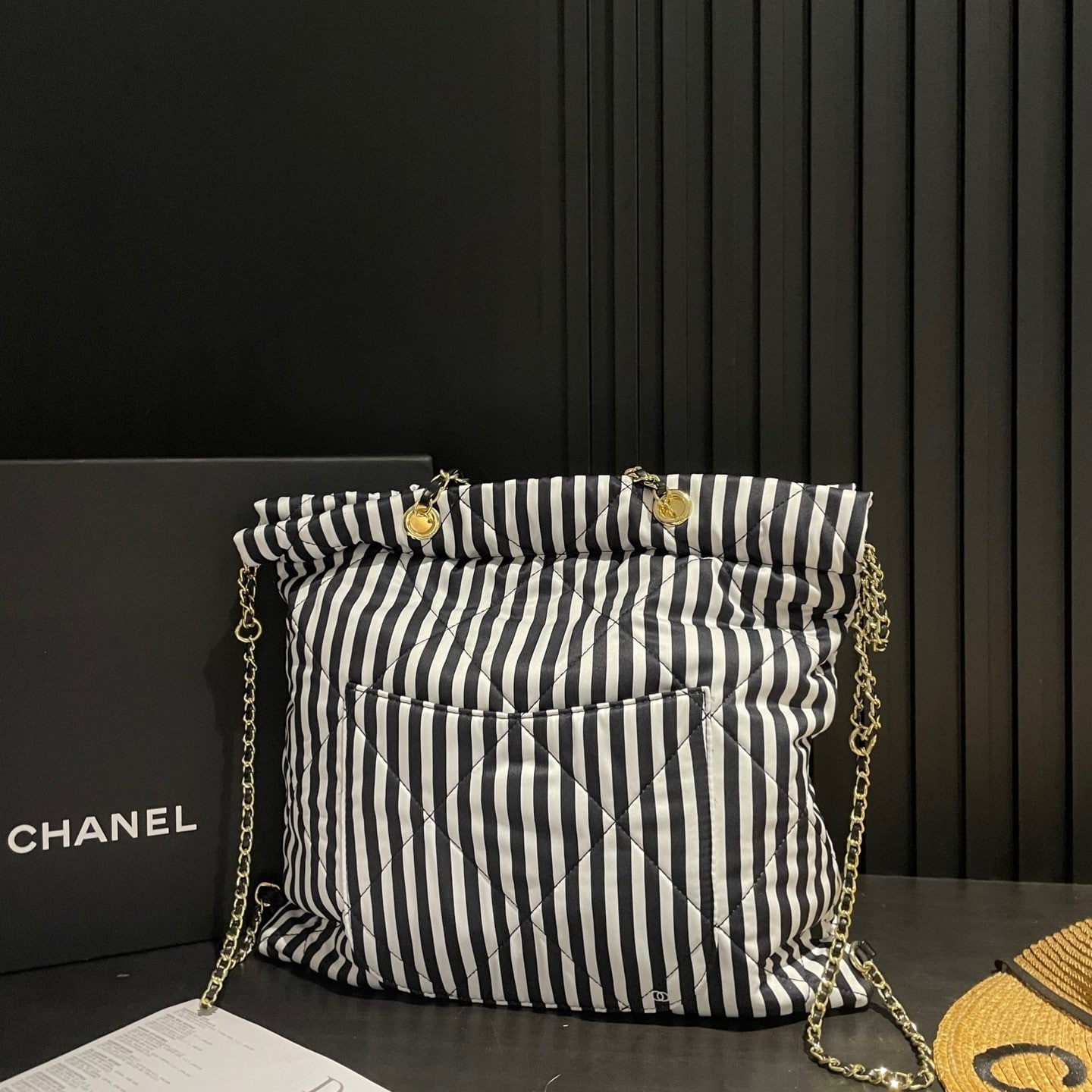 Chanel Large Backpack Printed Fabric And Gold Metal In Black And White 36Cm