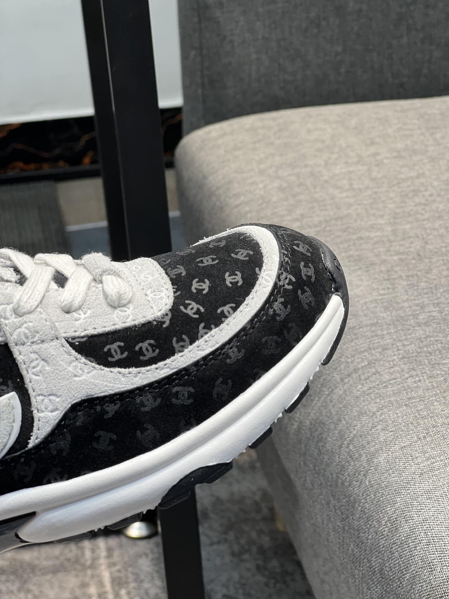 Chanel Cc Embossed Logo Suede Black White