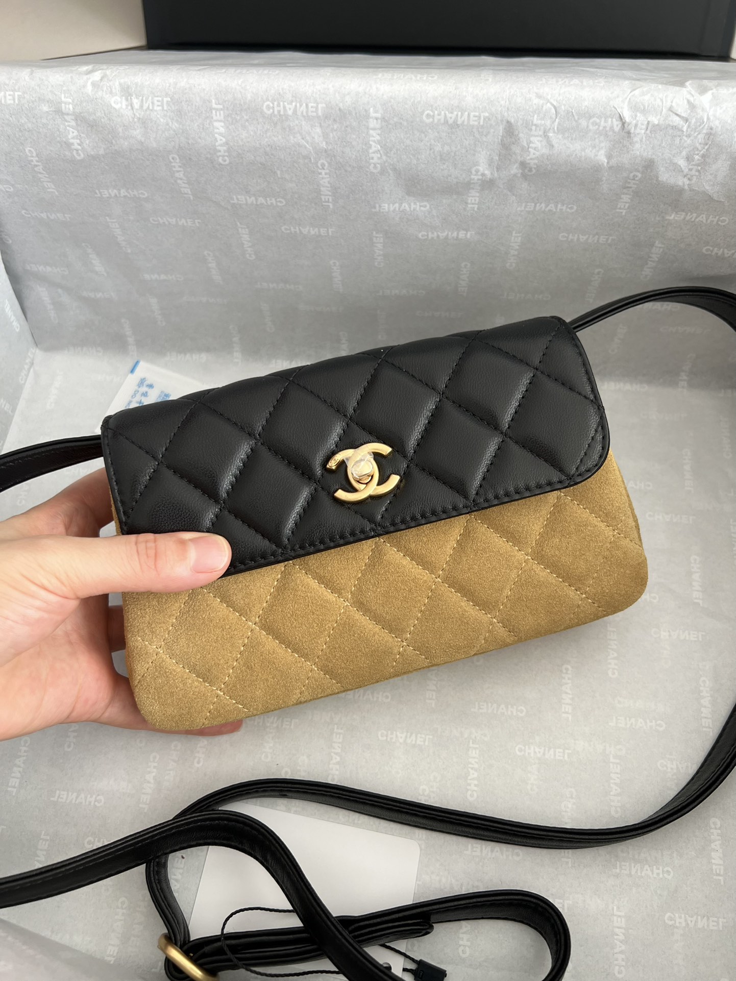 25A Lambskin & Suede Quilted Flap Bag in Black & Camel with Gold-Tone Hardware