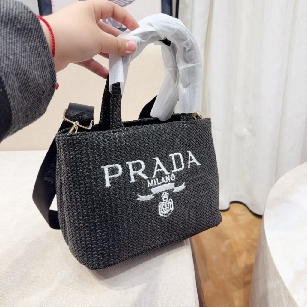 Prada Small Crochet Tote Bag Raffia In Black 26cm 1BG422 2A2T F0002 V OOL