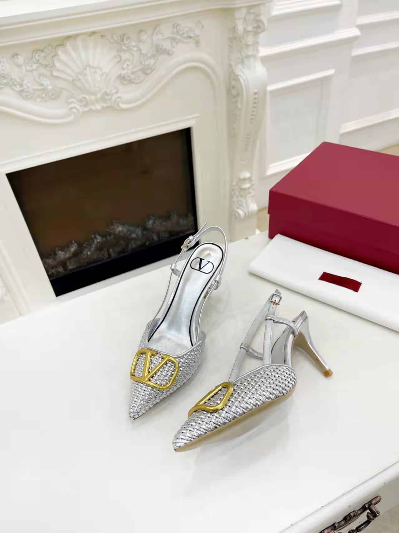 Valentino Garavani VLogo Woven Leather Slingback Pumps Silver