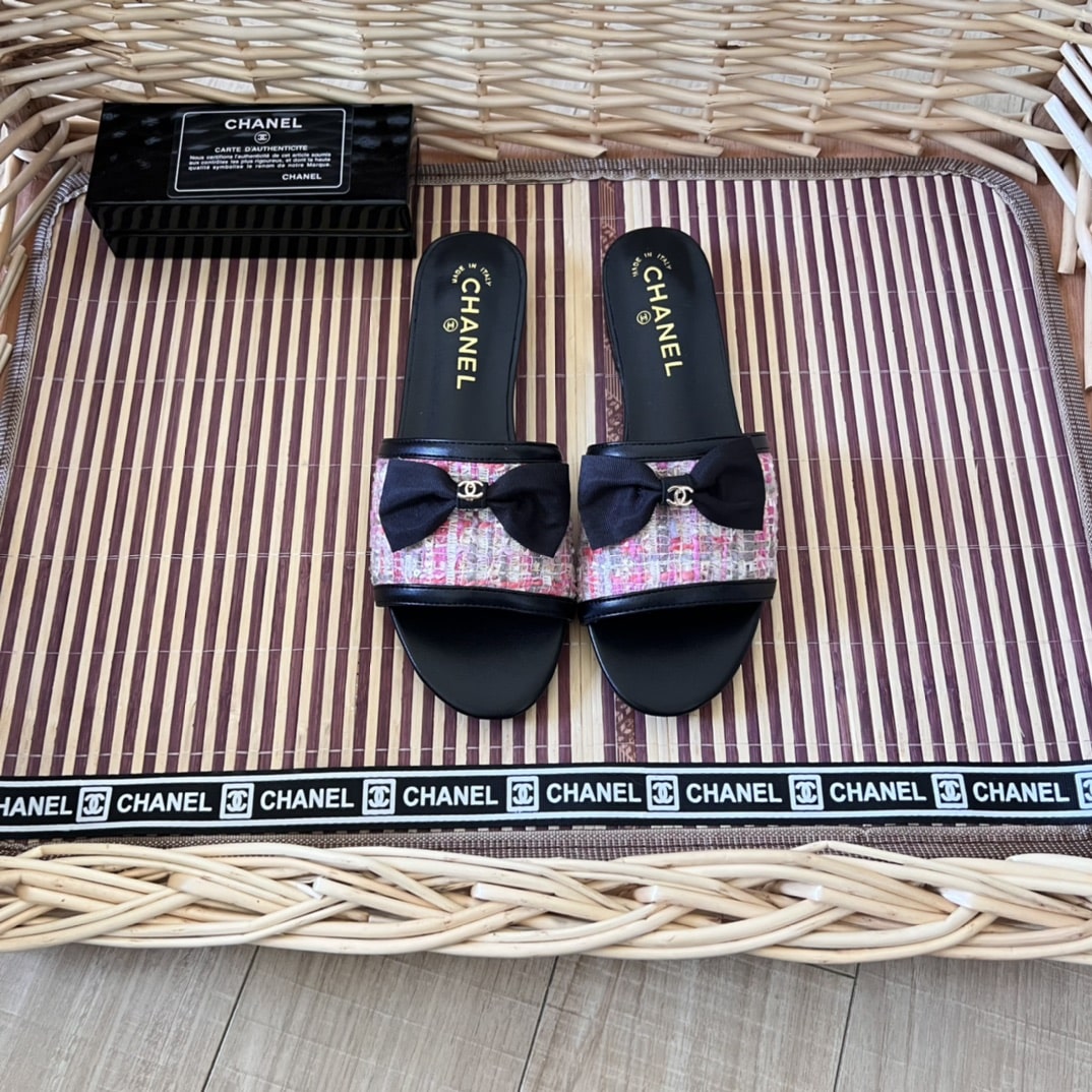 Chanel Grosgrain Ribbon Bow Mule Tweed Pink G45691
