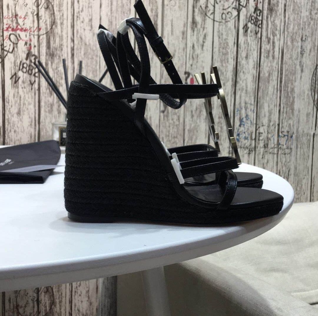 Saint Laurent Cassandra 115 Leather And Raffia Wedge Black Sandals