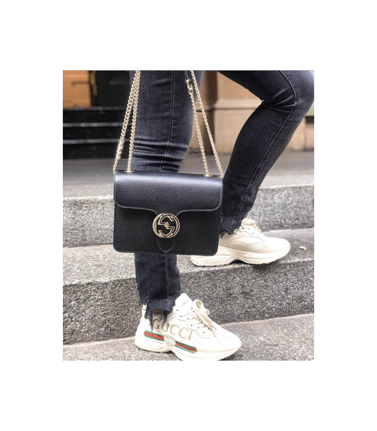 Gucci Interlocking G Chain Crossbody Black Leather 25cm