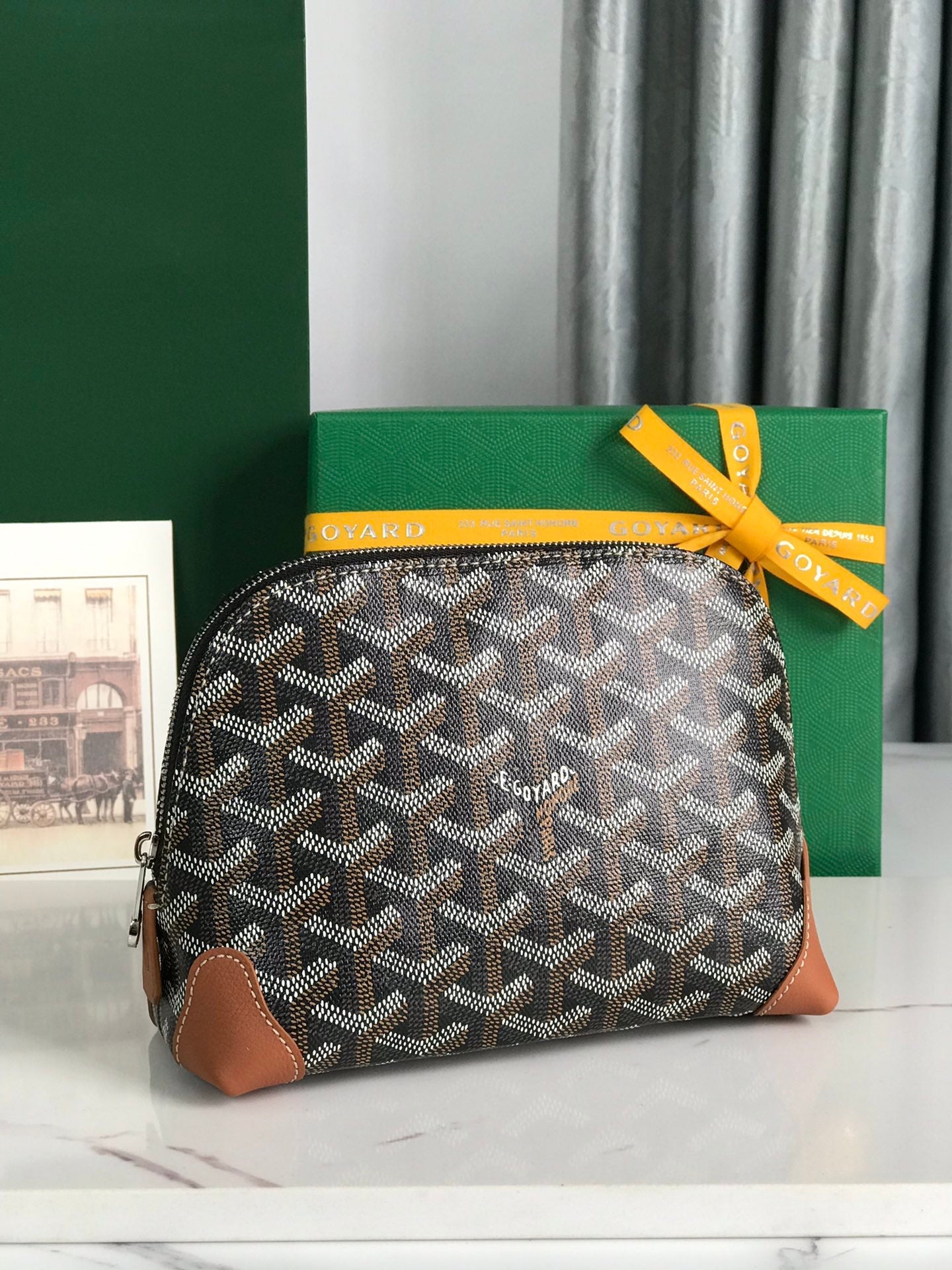 Goyard Vendôme Cosmetic Pouch 17cm Black Goyardine Canvas And Tan Calfskin Trim