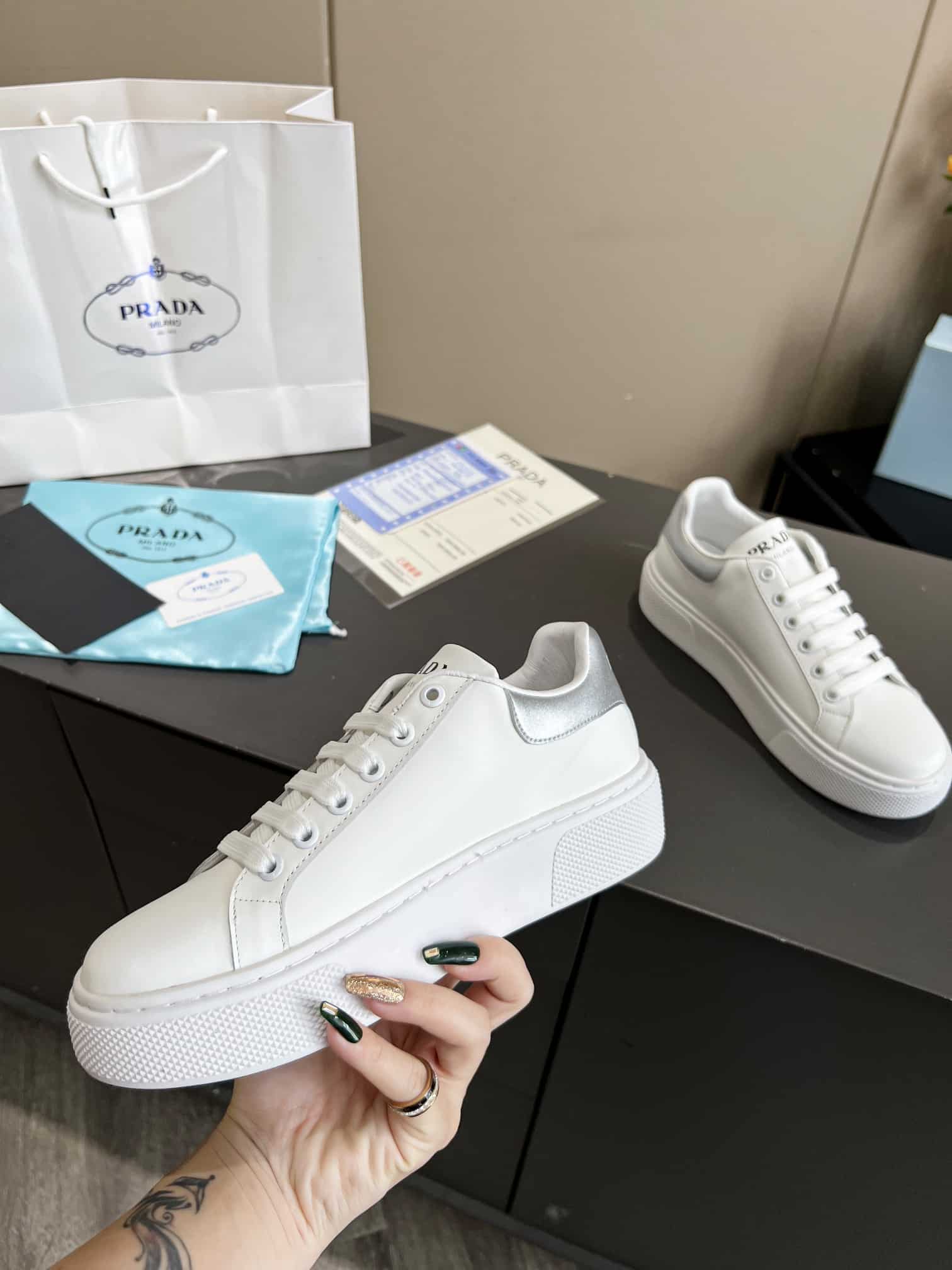 Prada Sneaker In White Leather With Silver Logo