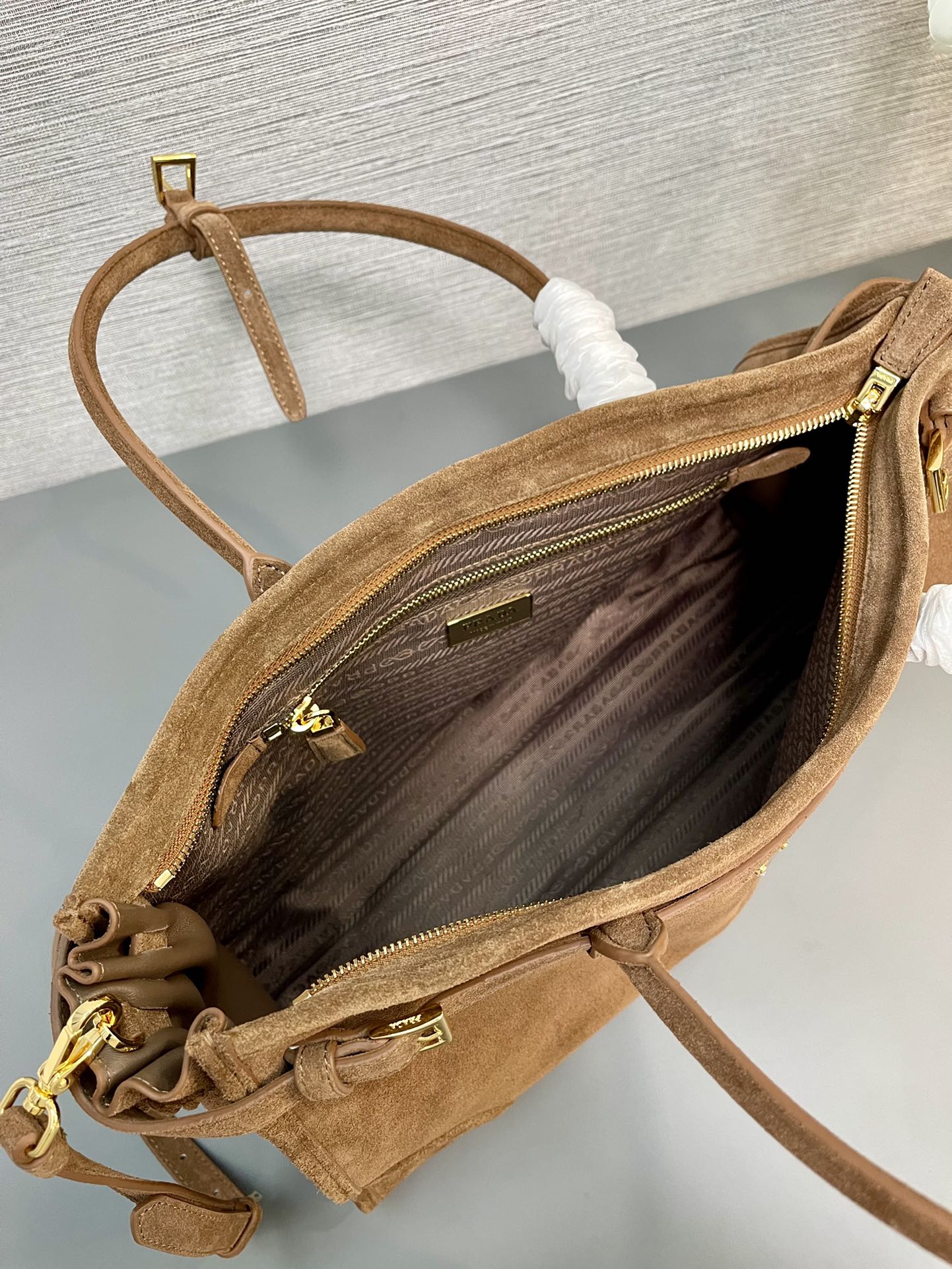 Prada Bonnie Large Suede Handbag Cocoa Brown 38cm
