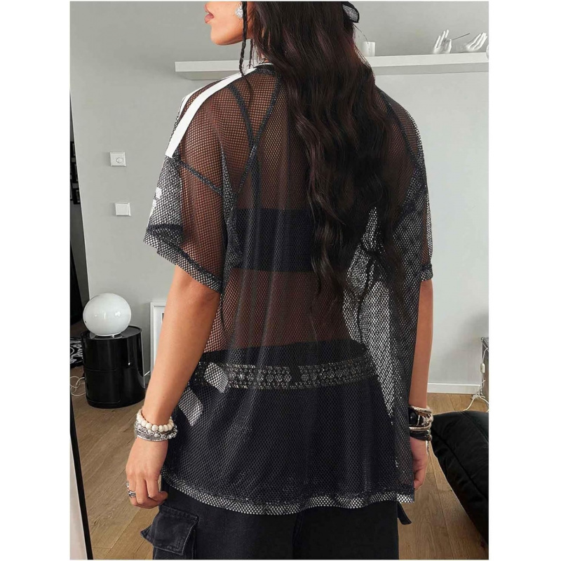 Women's Jersey Shirts with Striped Letter Print, Sheer T-Shirt with Short Sleeves, Perfect for Going Out Tops
