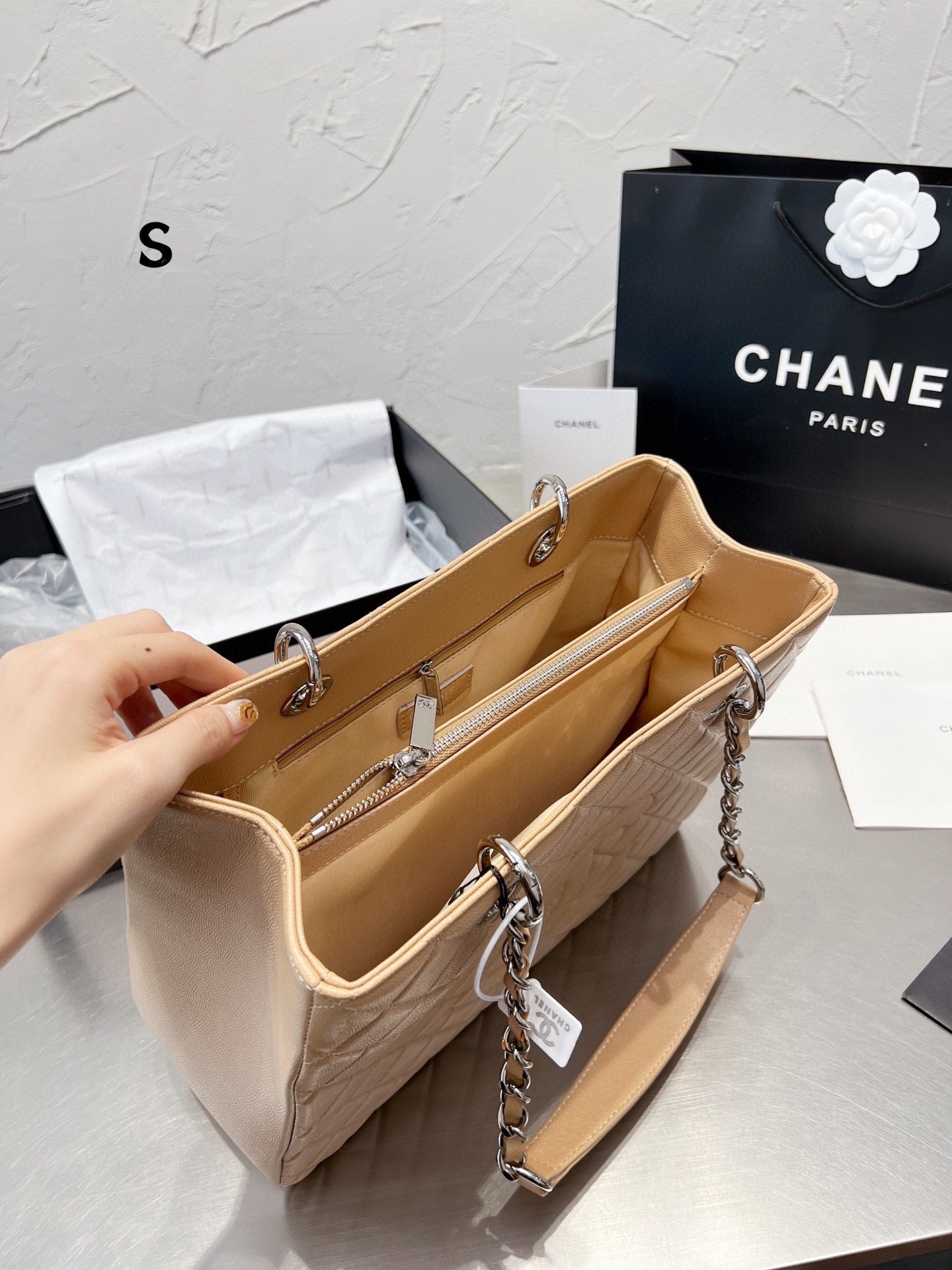 Chanel Grand Shopping Tote Bag Beige Caviar 33Cm/13in