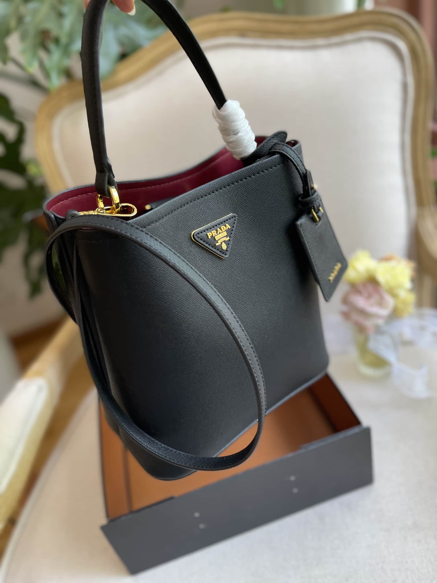 Prada Medium Saffiano Leather Panier Bag Black