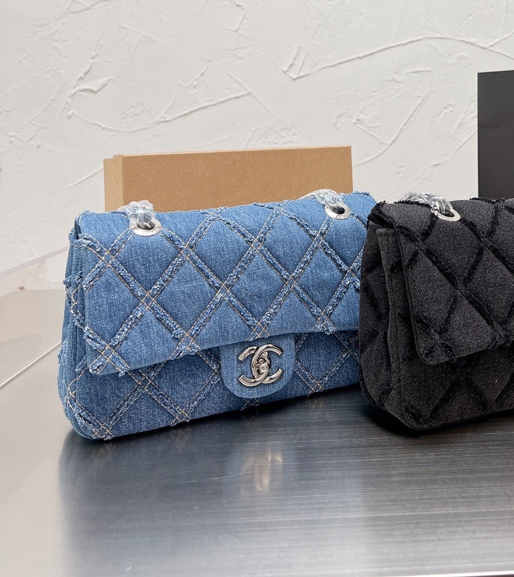 Chanel Cc Chain Flap Quilted Denim Jumbo Blue 25Cm