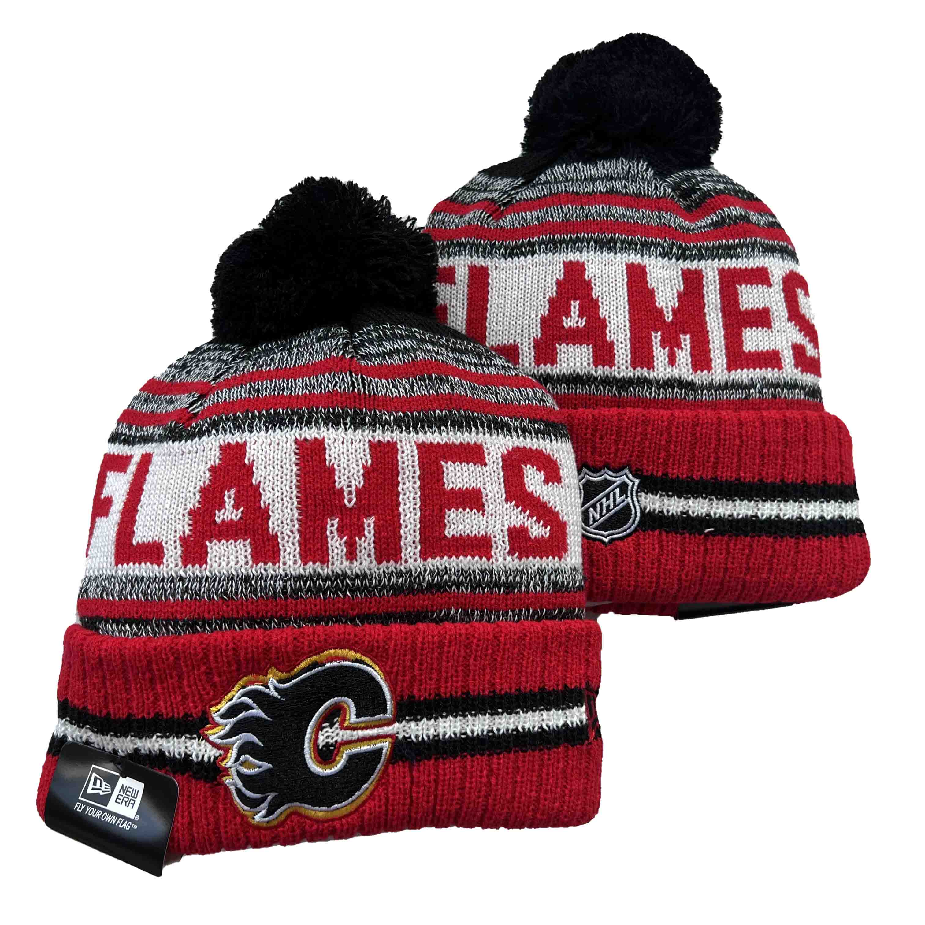 Men's red Calgary Flames knit cap with pom
