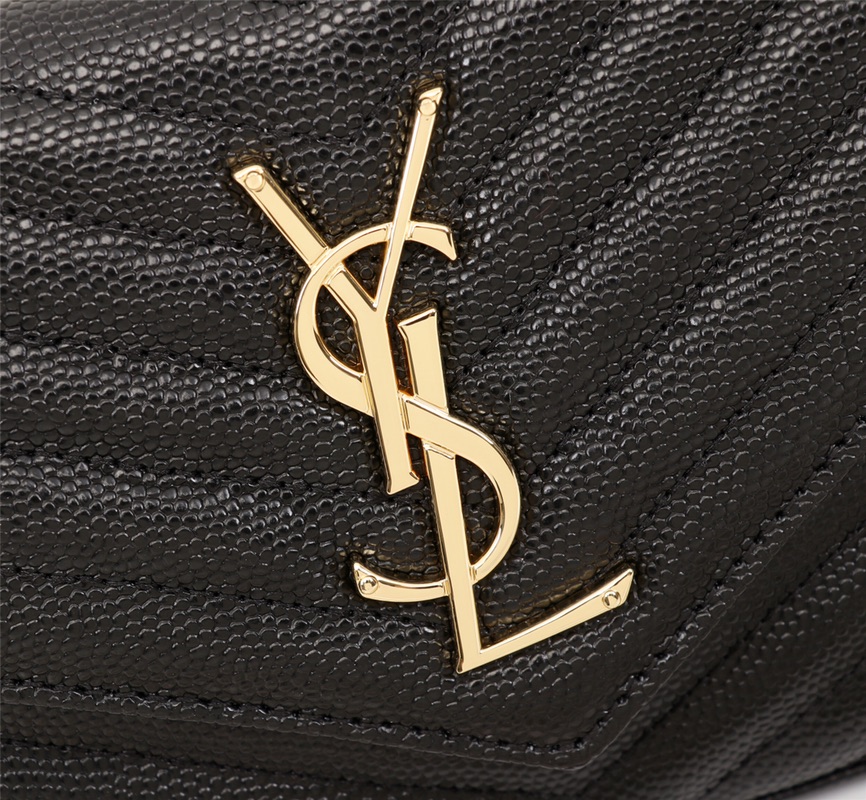 Saint Laurent Cassandre Matelasse Chain Wallet In Grain De Poudre Embossed Black Gold 22Cm 377828 Bow01 1000