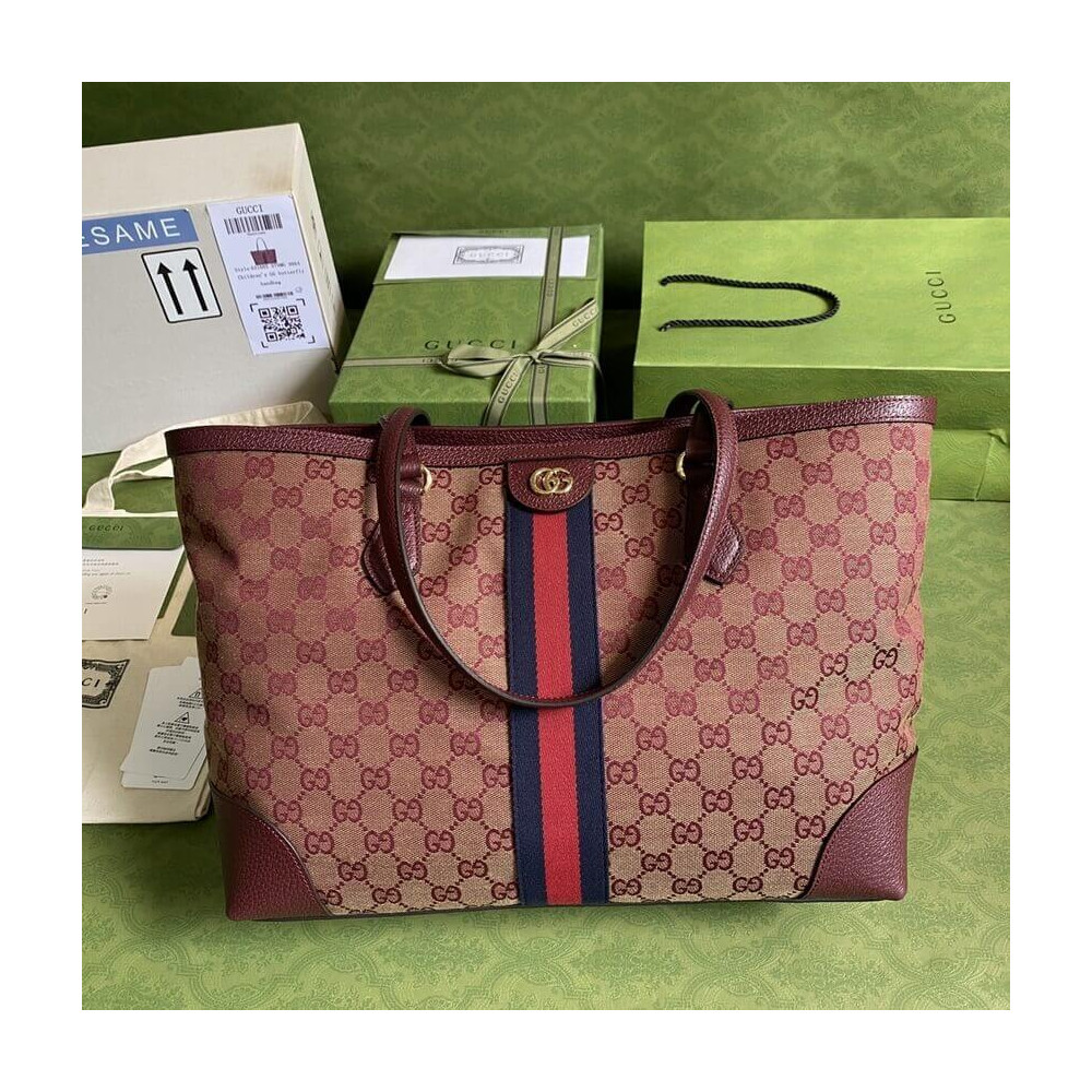 Gucci Ophidia Medium Tote With Web in Burgundy GG Canvas