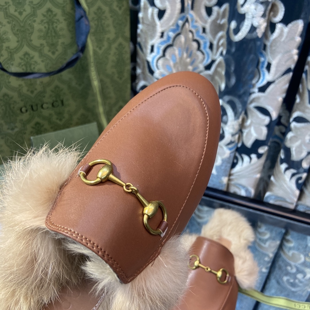 Gucci Princetown Furlined Leather Slippers In Brown