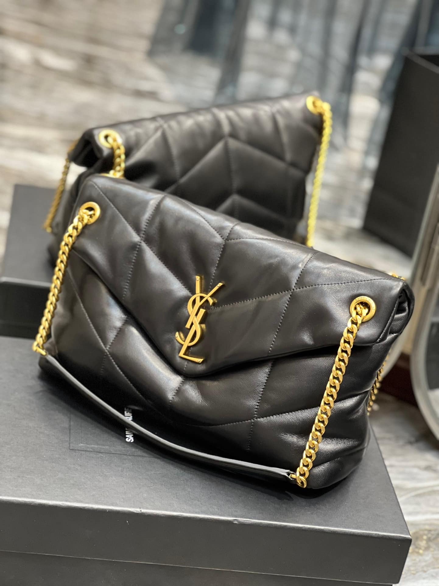 Saint Laurent Puffer Medium Chain Bag In Quilted Gold Toned Metal