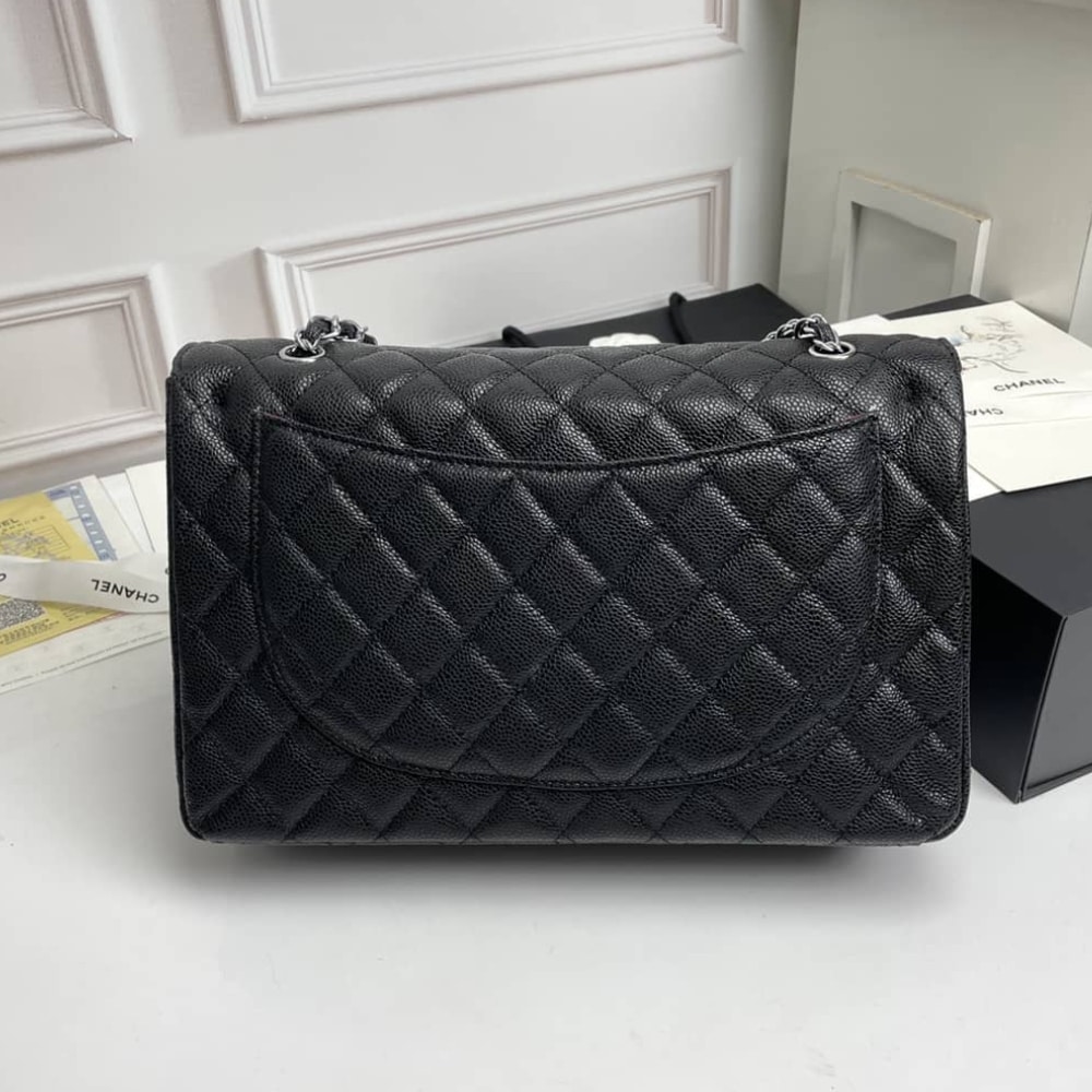 Chanel Maxi Classic Handbag Sliver Hardware Black 33Cm