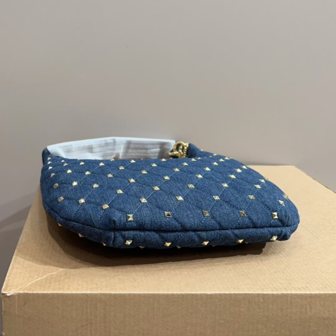 Valentino Garavani Rockstud Spike Denim Hobo Bag In Denim Blue 28Cm 3W2B0M32Bmk