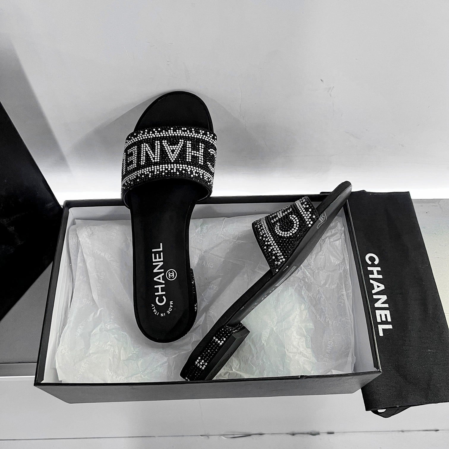 Chanel 24P Beaded Diamond Slippers Black