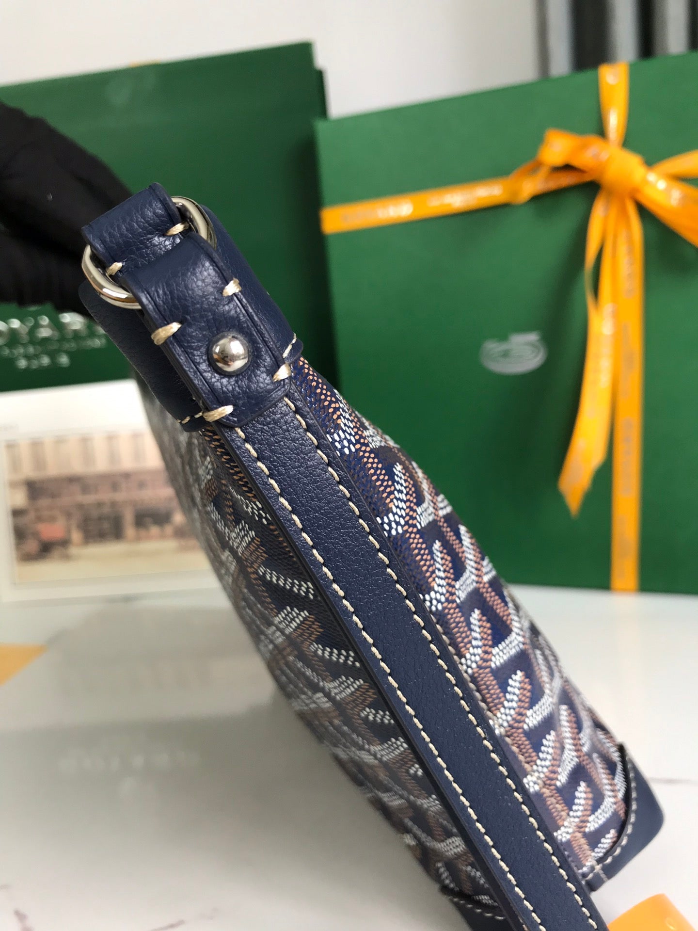 Goyard Conti Pouch 24 Cm Navy Blue Lambskin And Goyardine Canvas