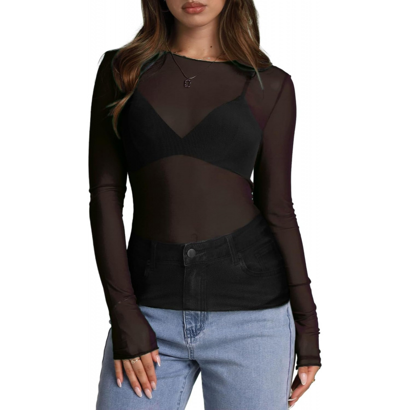 Women's Mesh Sheer Tops Sexy Crew Neck