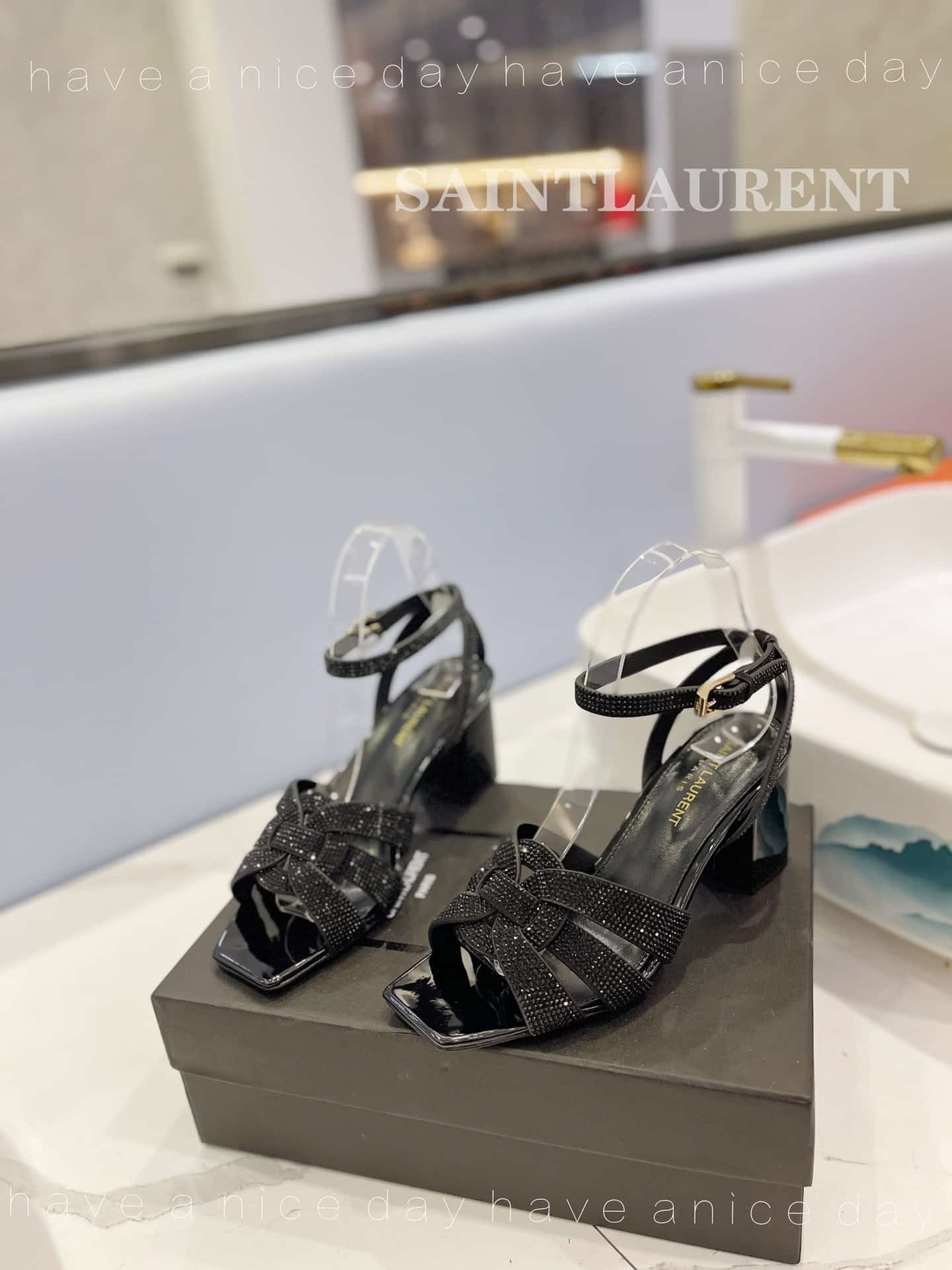 Saint Laurent Tribute Leather Sandals Metallic Black