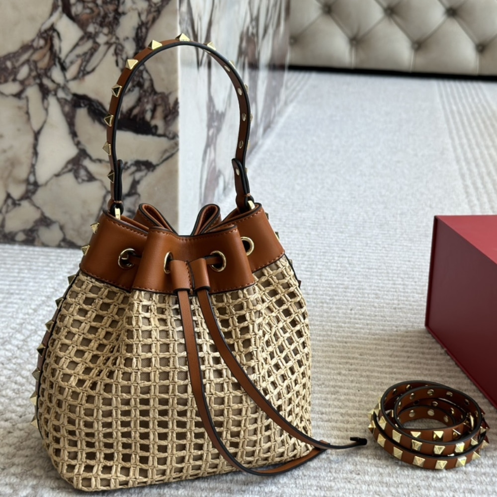 Valentino Rockstud Woven Bucket Bag Brown 19Cm