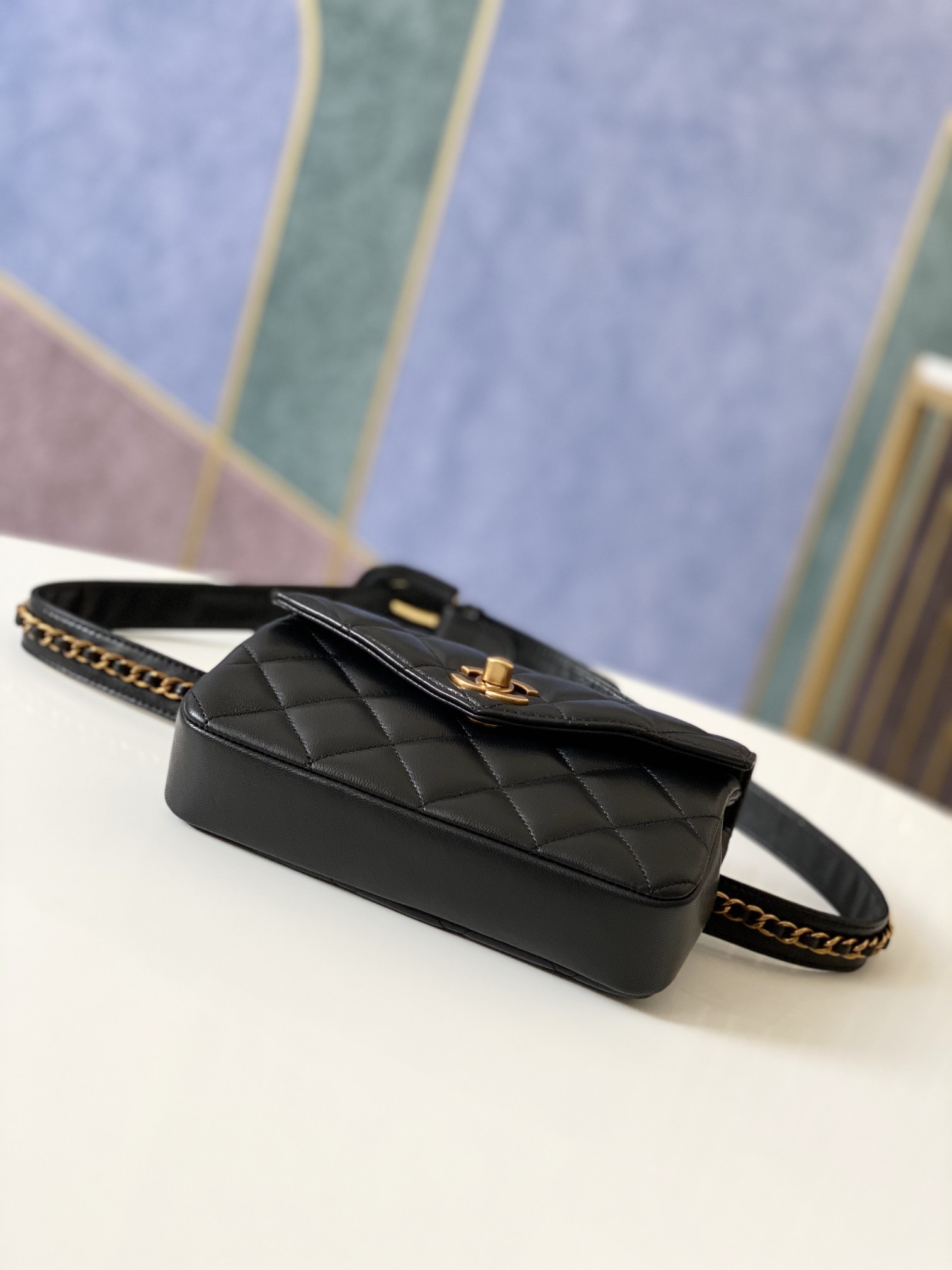 Classic Quilted Lambskin Waist Bag / Belt Bag in Black with Vintage Gold-Tone Hardware