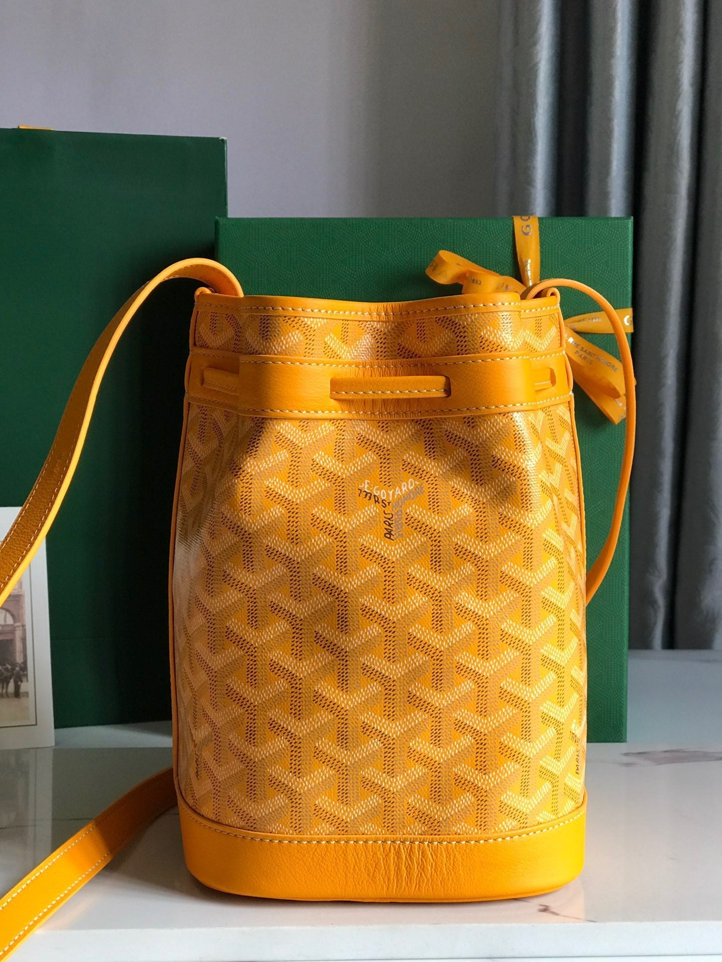 Goyard Petit Flot Bucket Bag 22 Cm Yellow Goyardine Canvas And Lambskin Trim