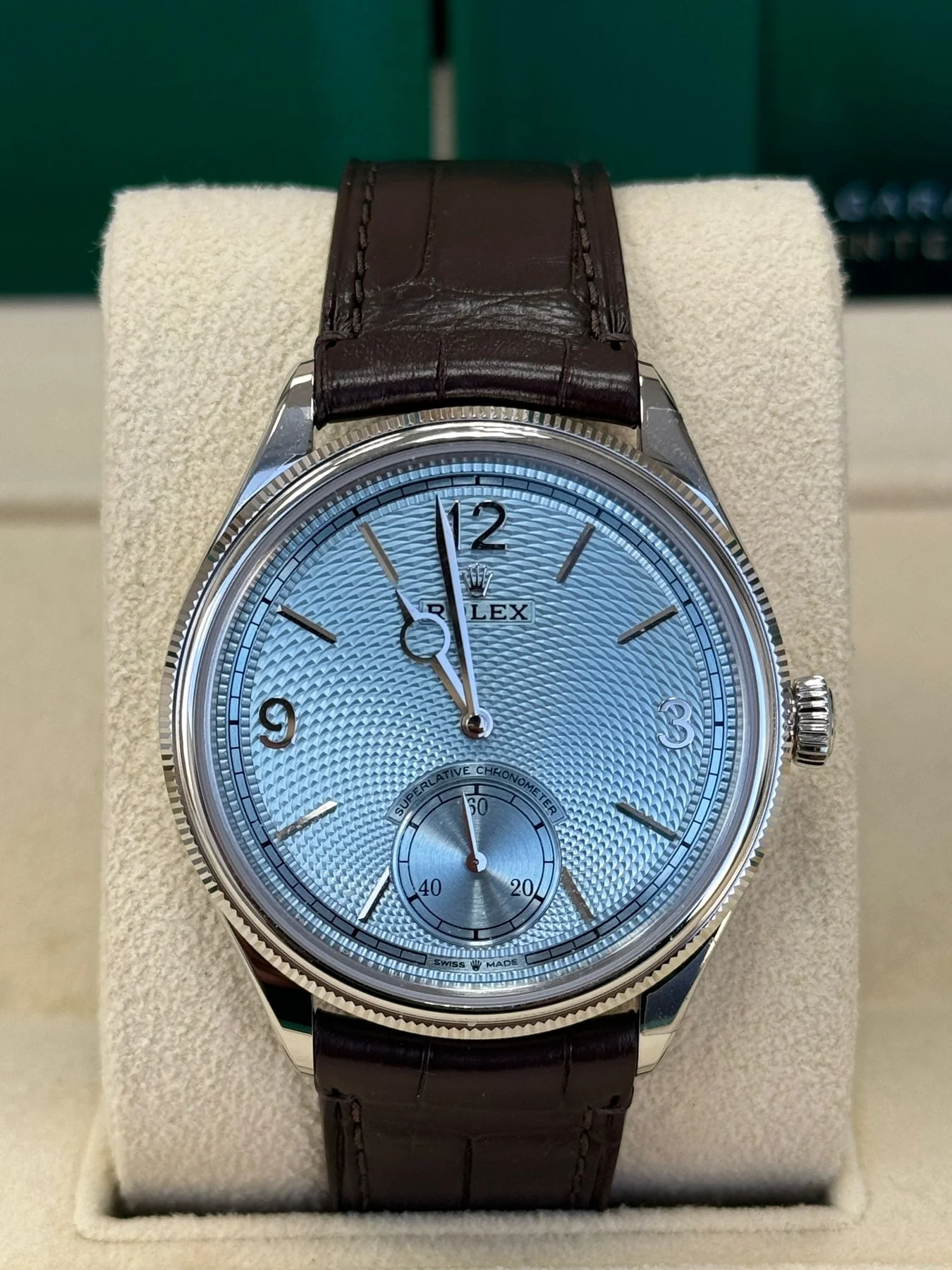 Rolex 1908 Platinum Ice Blue Dial Brown Alligator Strap - 52506-0002