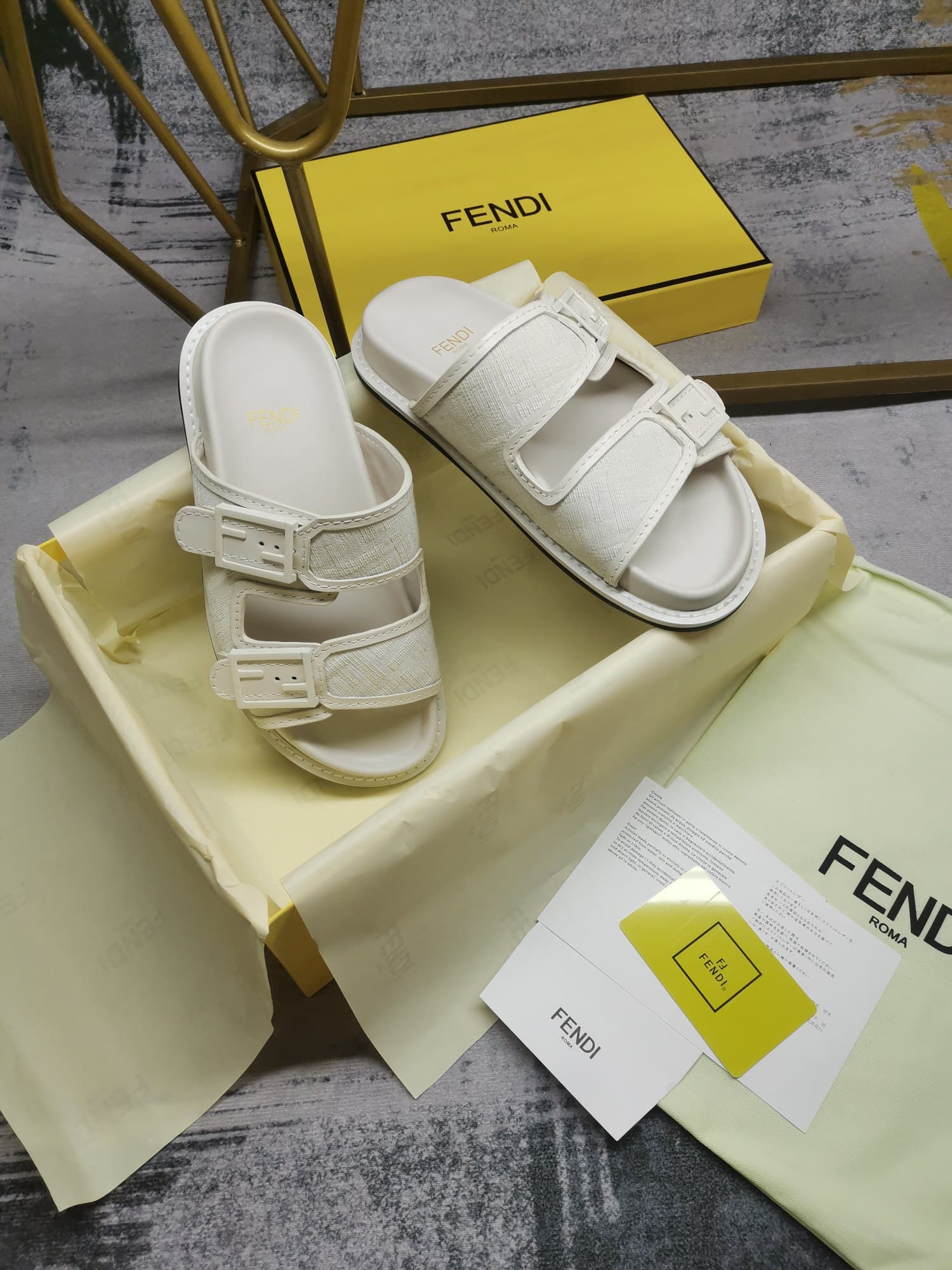 Fendi Feel Slides Unisex Ff Motif Fabric White