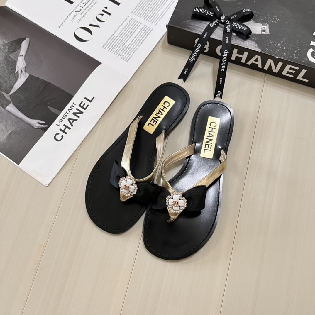 Chanel Thong Slide White Camellia Cc Logo Bow Black