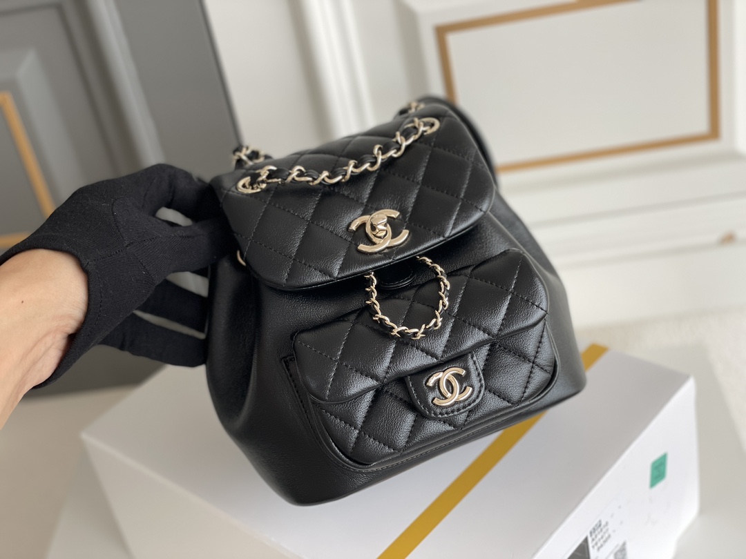 24P Duma Drawstring Backpack in Black Calfskin with Gold-Tone Hardware (Model AS3860)