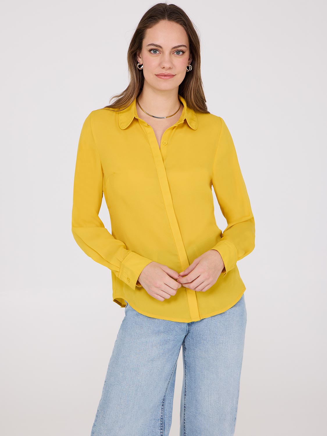 Button-Front Blouse with Tonal Trim Detail