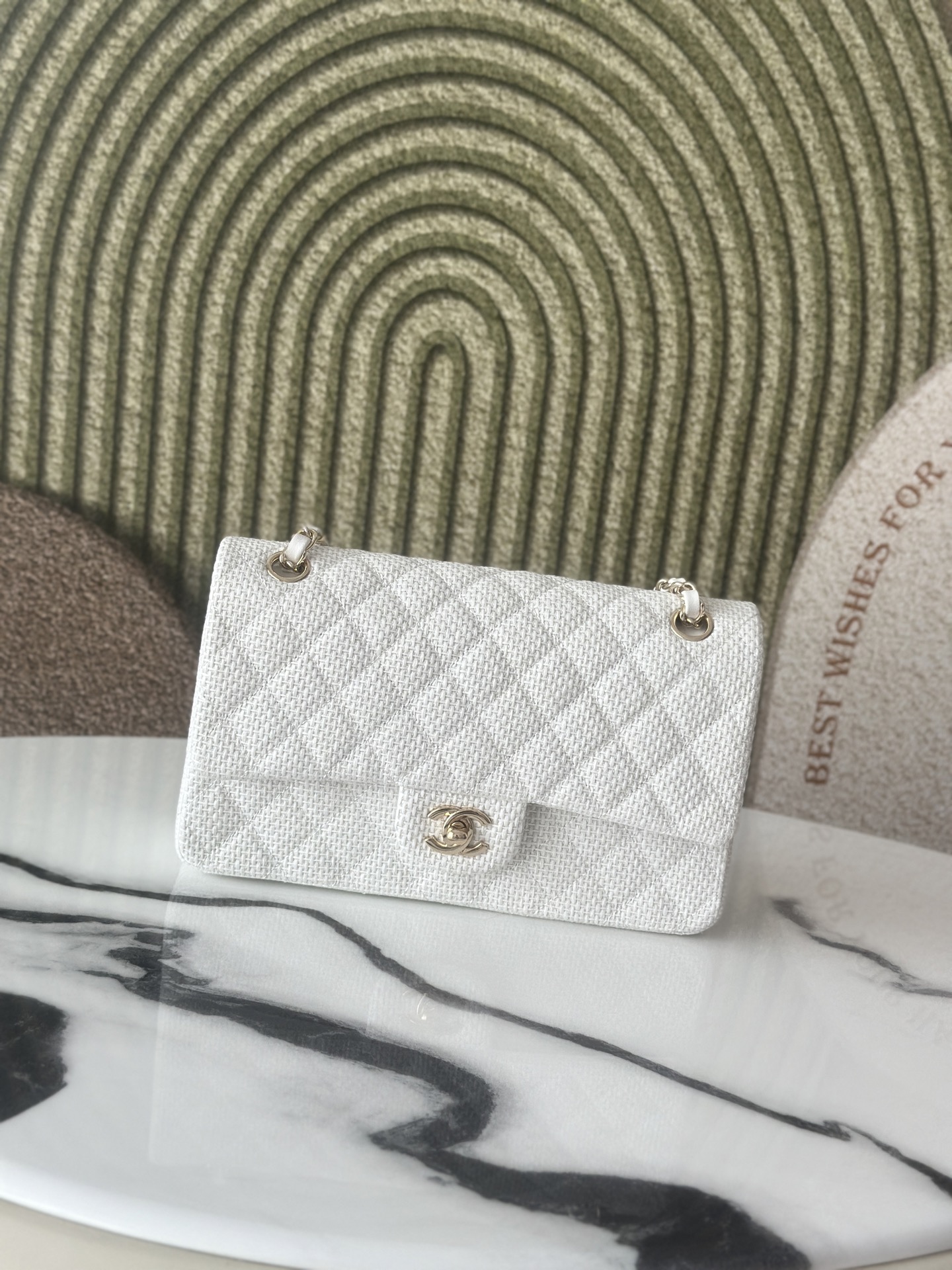 Classic Double Flap Bag in White Tweed with Light Gold Hardware (Model A01112  A69900)