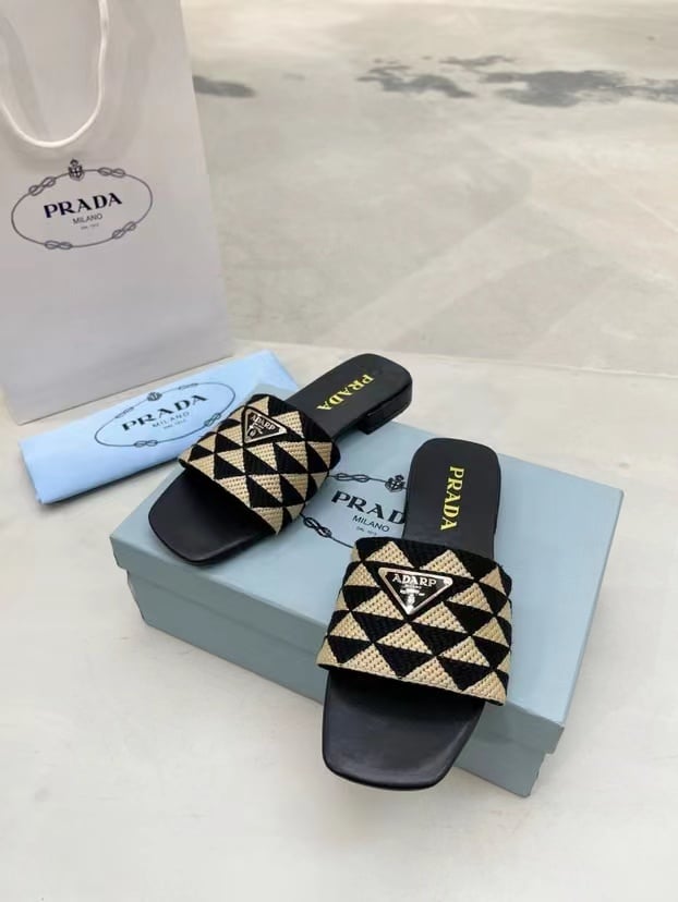 Prada Embroidered Fabric Slides Black Yellow
