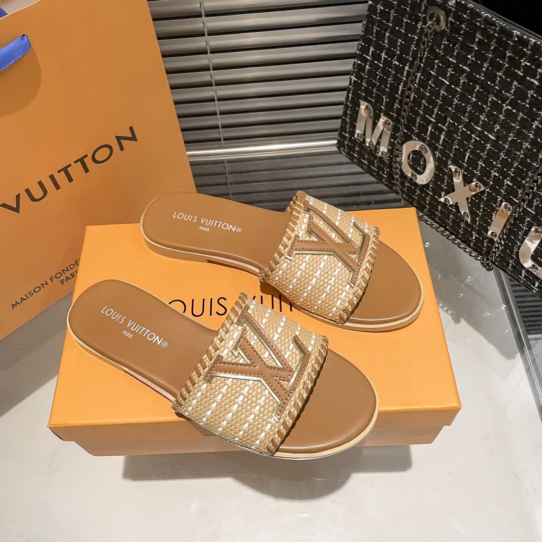 Louis Vuitton Lock It Flat Raffia Mules Brown