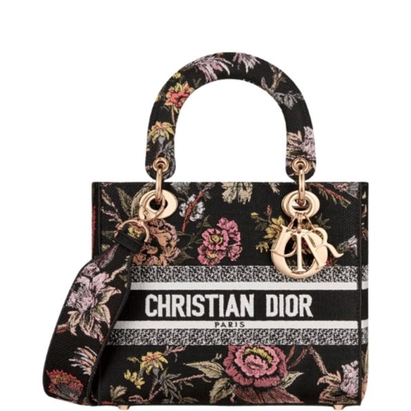 DIOR MEDIUM LADY D-LITE BAG BLACK JARDIN BOTANIQUE EMBROIDERY 24CM