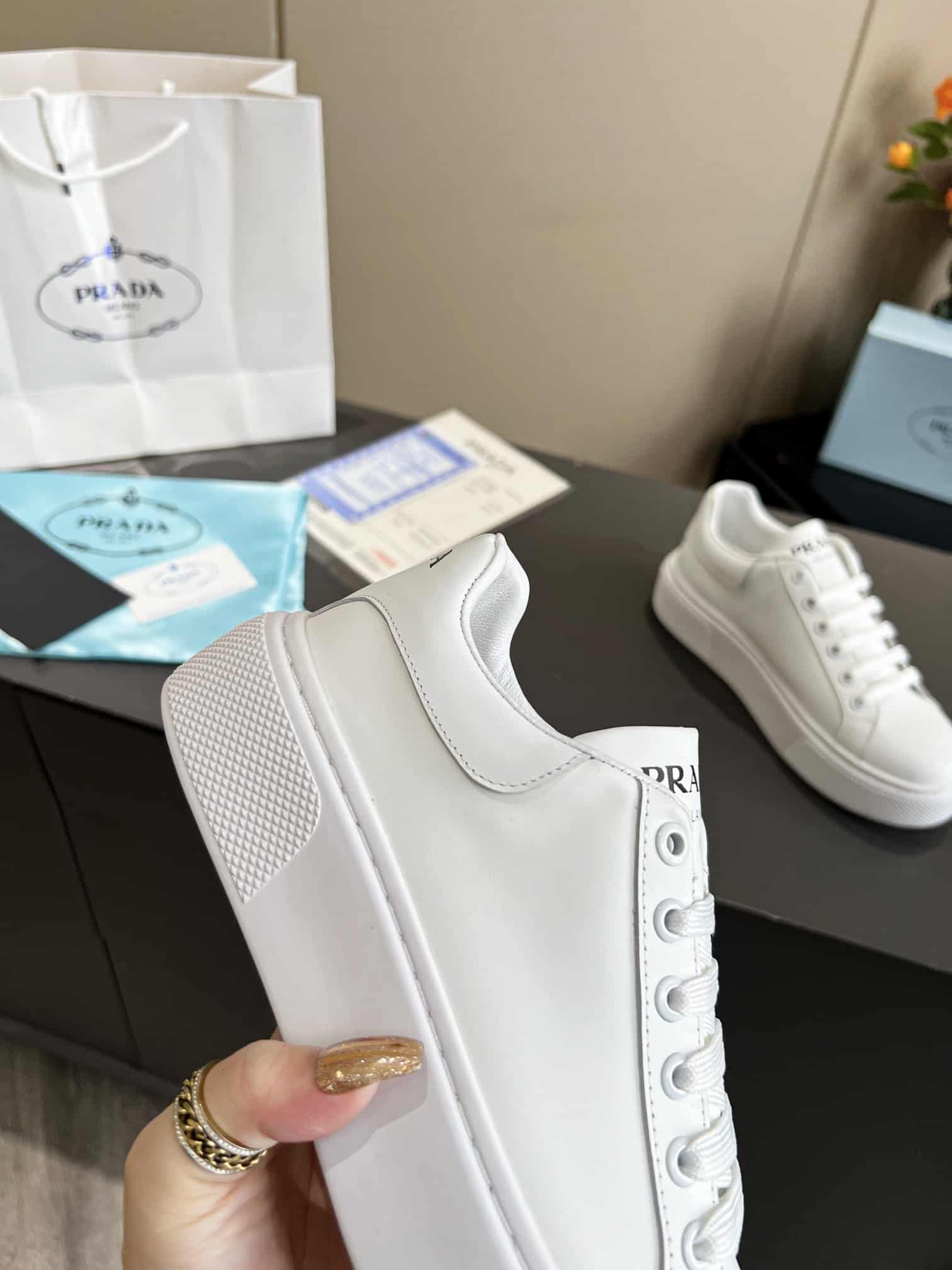 Prada Sneaker In White Leather With White