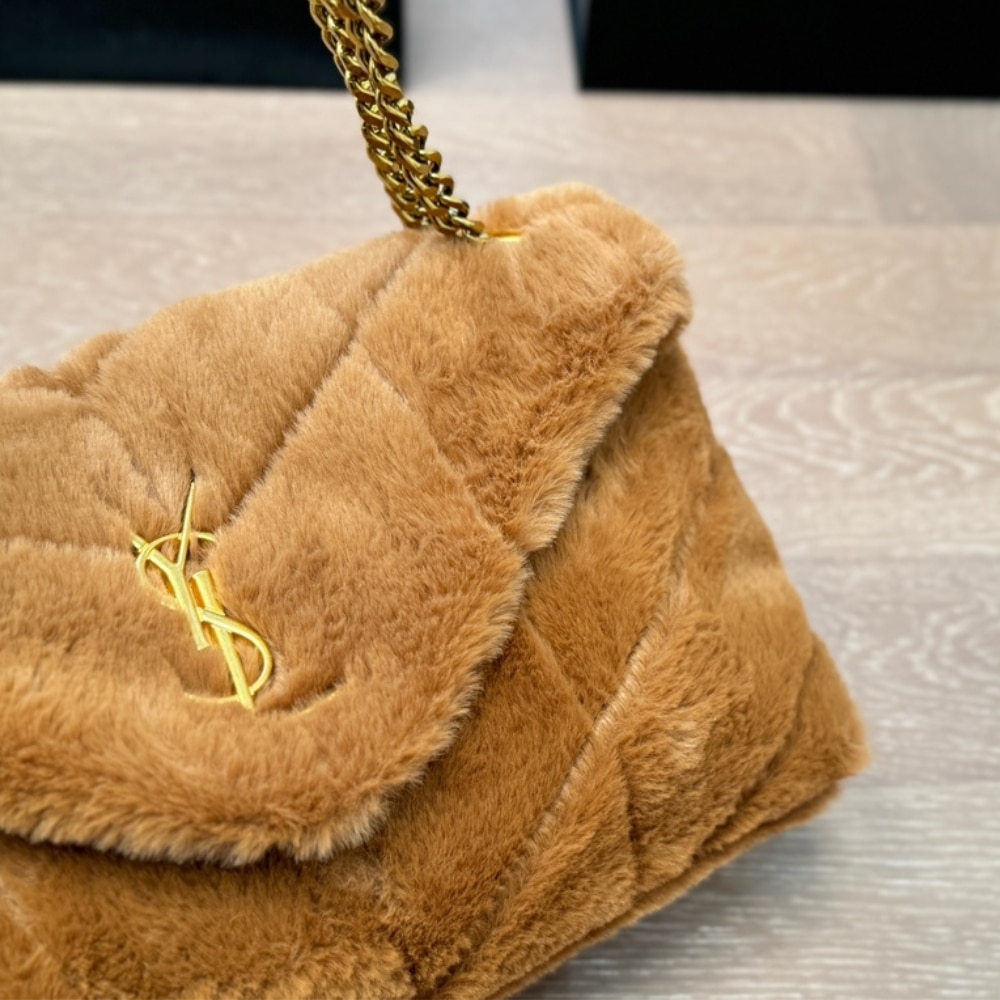 Saint Laurent Puffer Bag In Shearling Brown 28Cm
