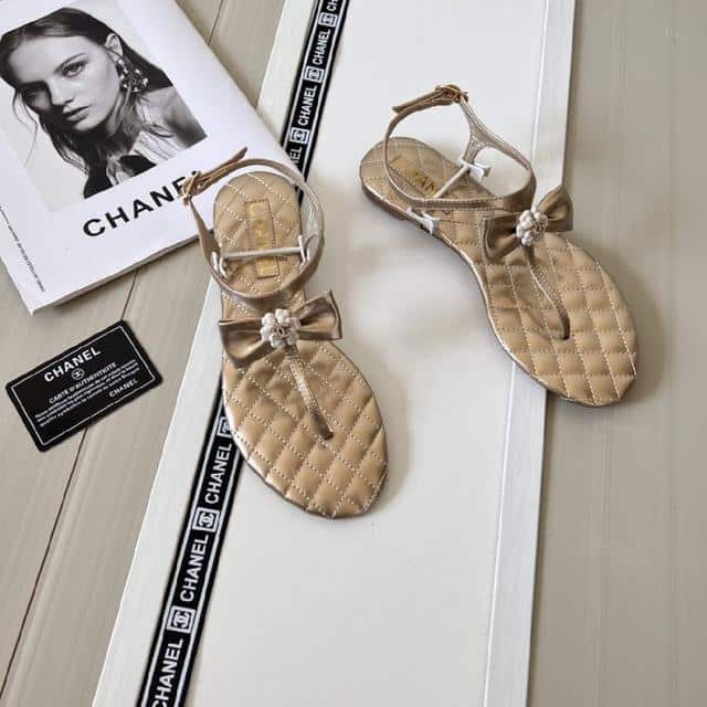 Chanel Gold Quilted Leather With White Camellia Cc Logo Bow Thong Sandals