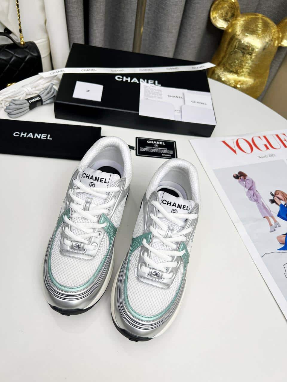 Chanel 23C Silver Metallic Cc Logo Lace Up Flat Runner Trainer Sneaker White Turquoise