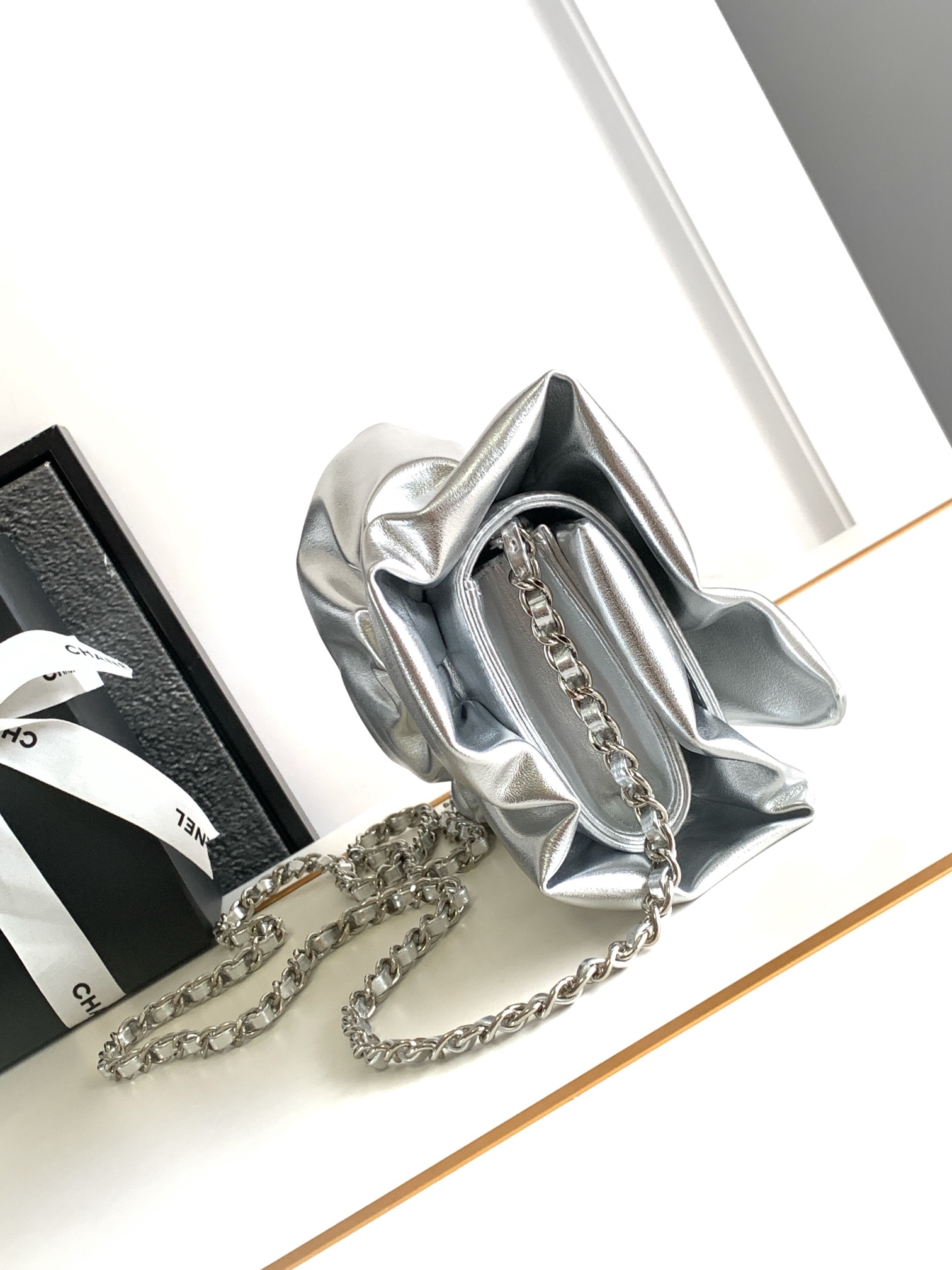 24B Bow Bag Evening Clutch with Chain in Metallic Silver Shiny Lambskin with Silver-Tone Hardware