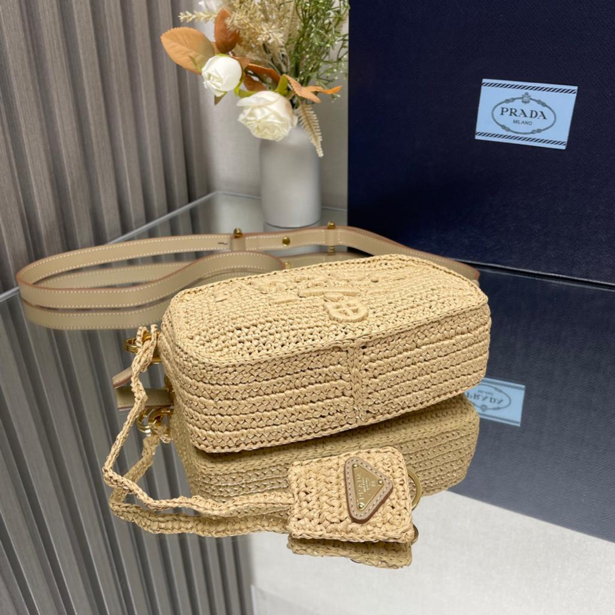 Prada Crochet Prada Brique Bag Natural 20Cm