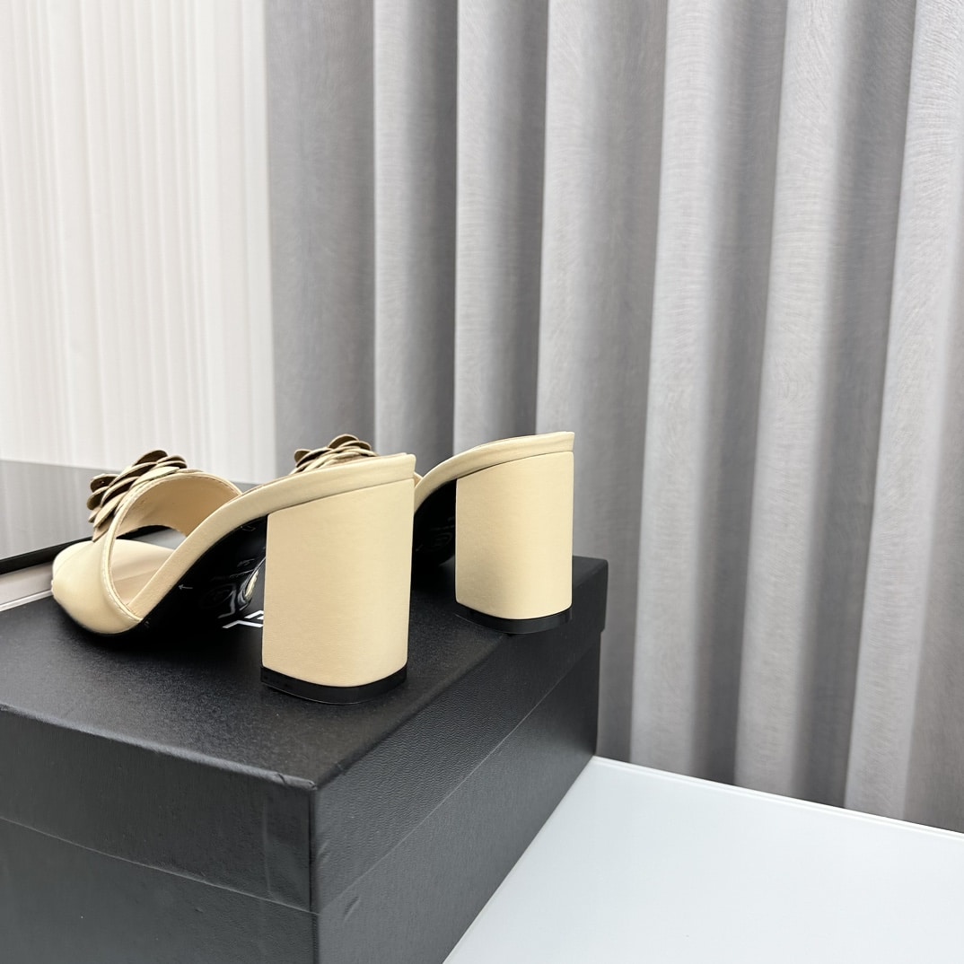 Chanel Camellia Medium Heel Slippers Beige