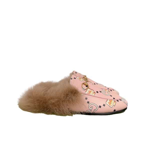 Gucci Womens Pink X Pikarar Kawaii Leather Fur Backless Loafers
