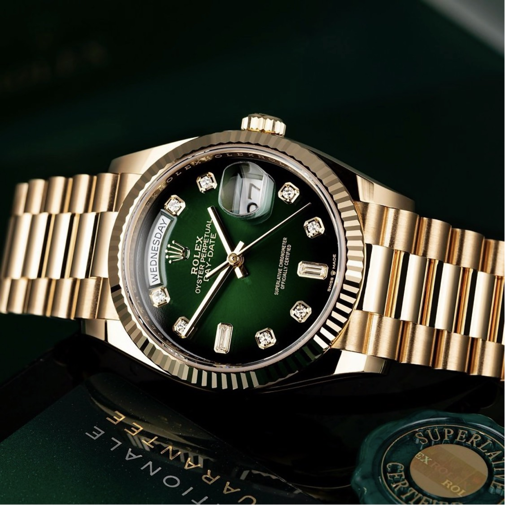 [SUPER CLONE] Rolex Yellow Gold Day-Date Diamond Bezel Onyx Green Dial President Bracelet 36mm